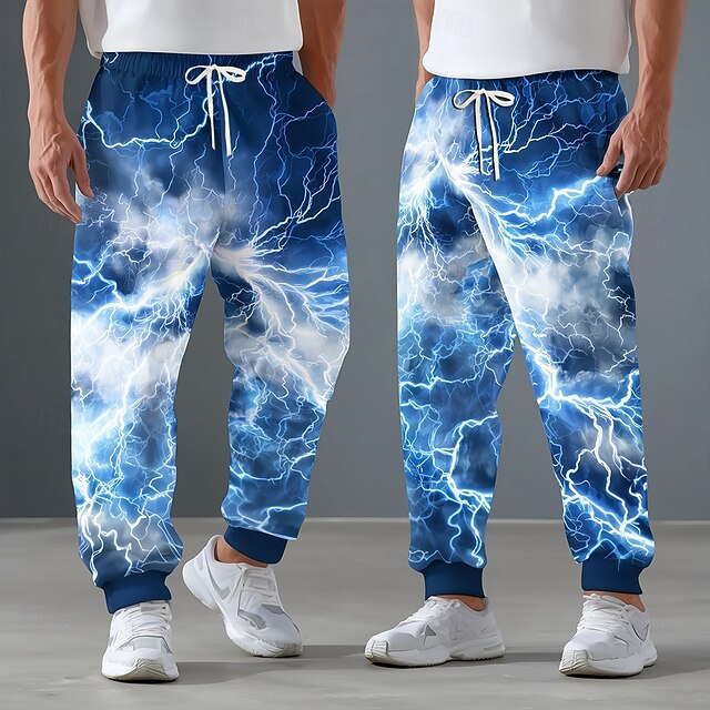 Men's Optical Illusion Lightning Sweatpants Joggers Trousers Mid Waist Drawstring Elastic Waist Casual Jogging Streetwear Workout Athletic Sweatpants with Pockets Spring Fall 3D Print Blue4