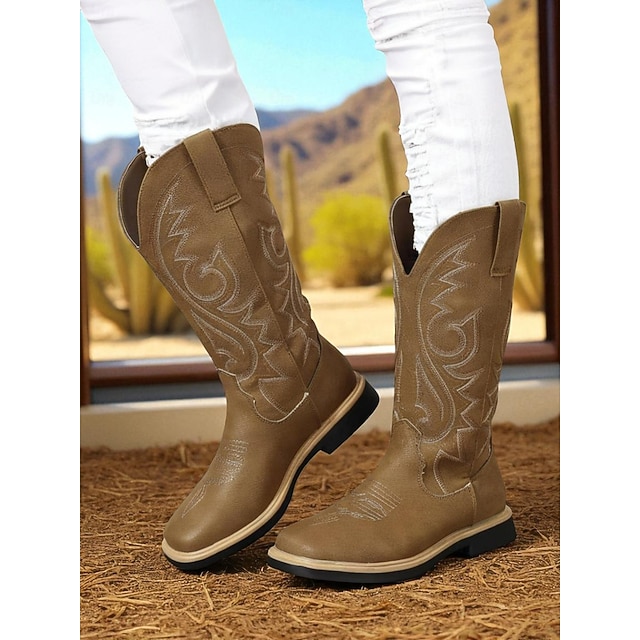  braune bestickte Western-Arbeitsstiefel für Damen – Cowboystiefel mit quadratischer Spitze für Rancharbeit, Wüstenwanderungen und Arbeiten auf dem Bauernhof