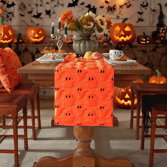  Halloweenský běhoun na stůl, vlaječka na stůl s 3D výšivkou duchů - dekorace z umělé kožešiny s černým okem a malým ďáblem, černobílý sváteční ubrus na dekoraci na párty a stolování