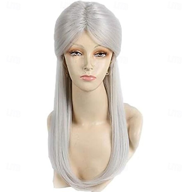 Silvery Gray Cosplay Ciri from Games Long Straight Costume Wigs Synthetic Hair Wig for Women Gray with Bun One Size Geralt2