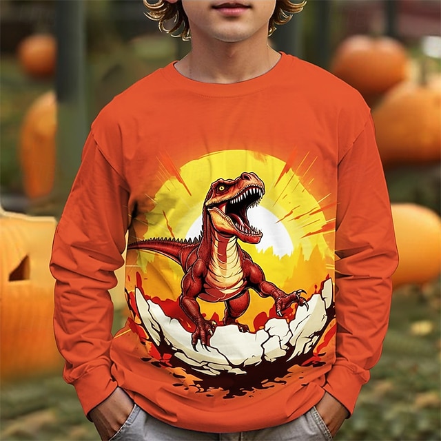  Halloween Poikien 3D Piirretty Dinosaurus T-paita Pitkähihainen Kevät Syksy Muoti Perus Lapset 4-12 vuotta Tiukka pyöreä kaula-aukko ulko- Kausaliteetti Päivittäin Normaali