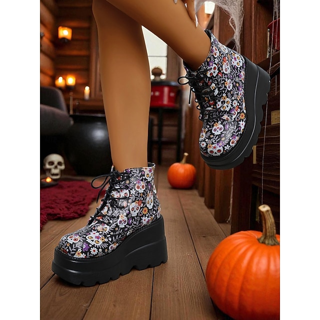  Botas femininas pretas plataforma com cadarço e caveira - botas góticas de cano curto com sola grossa para festas de outono, cosplay e dia dos mortos