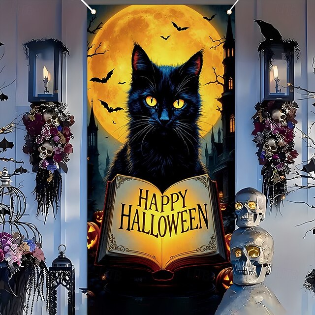 Halloween Black Cat Door Cover for Indoor/Outdoor – Full Moon & Spell Book Design, Gothic Front Door Decoration with 'Happy Halloween'4