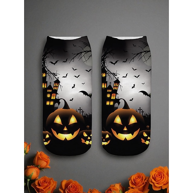  Damstrumpor med Halloween-tryck och pumpa-, katt- och spökhusmotiv - roliga feststrumpor för nattliv och festkläder