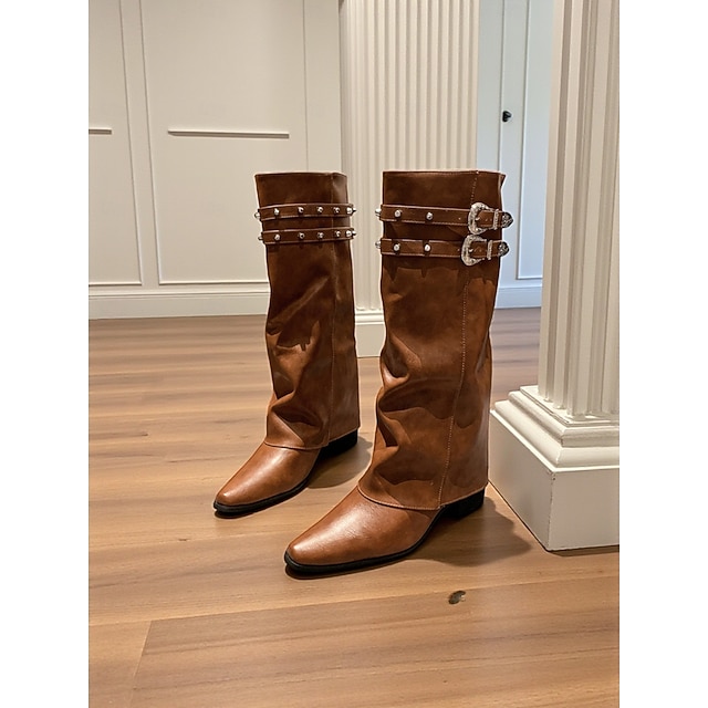  Bottes hautes marron pour femmes avec tige repliable et sangles à double boucle, chaussures de mode urbaine élégantes