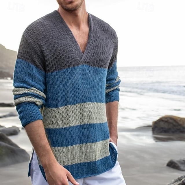 Herren Pullover Gerippt Stricken Normale Oberteile Farbblock Gestrickt Einfach V Ausschnitt Strickware Zeitgenössisch Lässig Alltagskleidung Bekleidung Herbst Blau M L XL