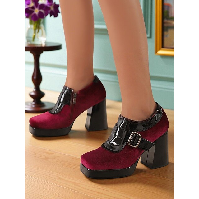  Bordeauxrode fluwelen plateauhakken voor dames met gesp van lakleer - dikke gothic lolita-schoenen uit de jaren 80 voor cosplay, theekransjes en retro-outfits