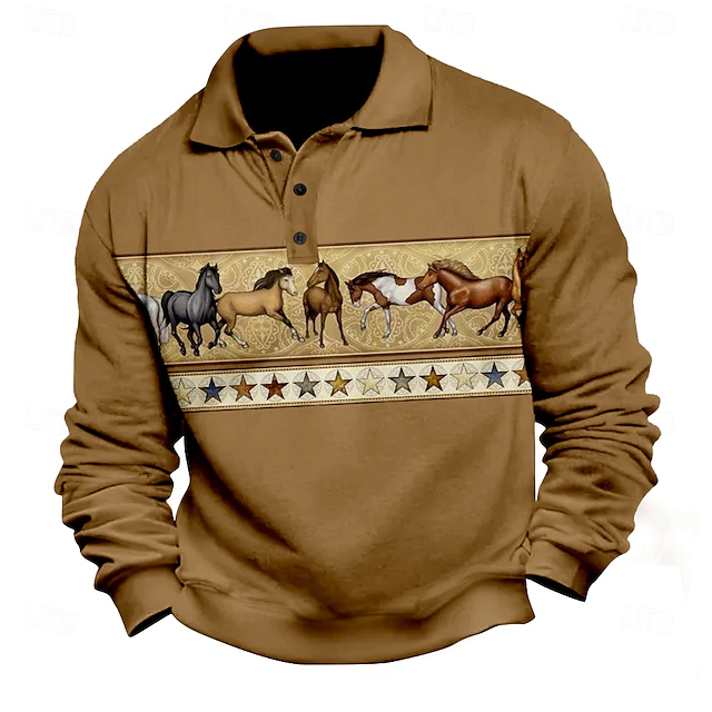 Men's Graphic Horse Polo Long Sleeve Polo Shirts Collared Shirts Casual National Style Athleisure Daily Wear 3D Print Spring Fall Winter Dark Brown4
