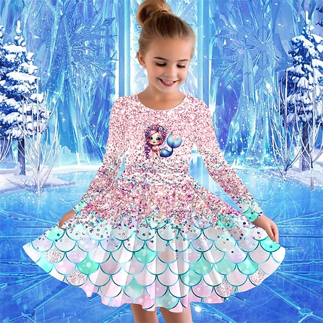  Mädchen' 3D Cartoon Meerjungfrau Kleid Langarm Sommer Frühling Urlaub Täglich Ferien Prinzessin Schön Süß Kinder 4-12 Jahre Freizeitkleid A Linie Kleid Knielang Normale Passform