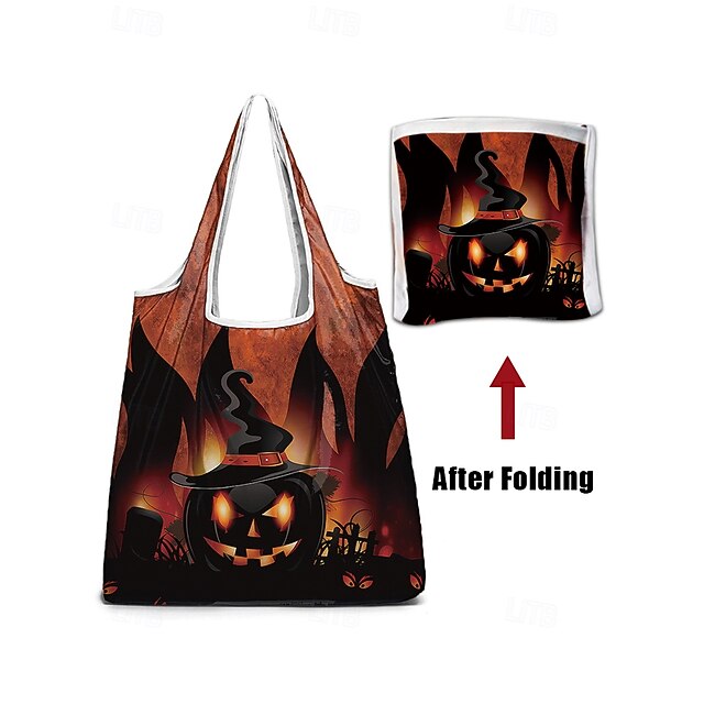  Bolso de mano de calabaza de Halloween para mujer: bolso de hombro de compras plegable y reutilizable con patrón de calabaza para uso informal, de fiesta y diario.