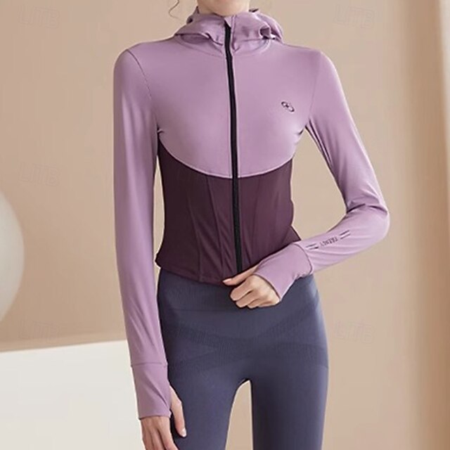 Women's Workout Jacket Quick Dry with Thumbholes Long Sleeve Sports Color Block Top For Gym Zumba Running Slim Activewear4