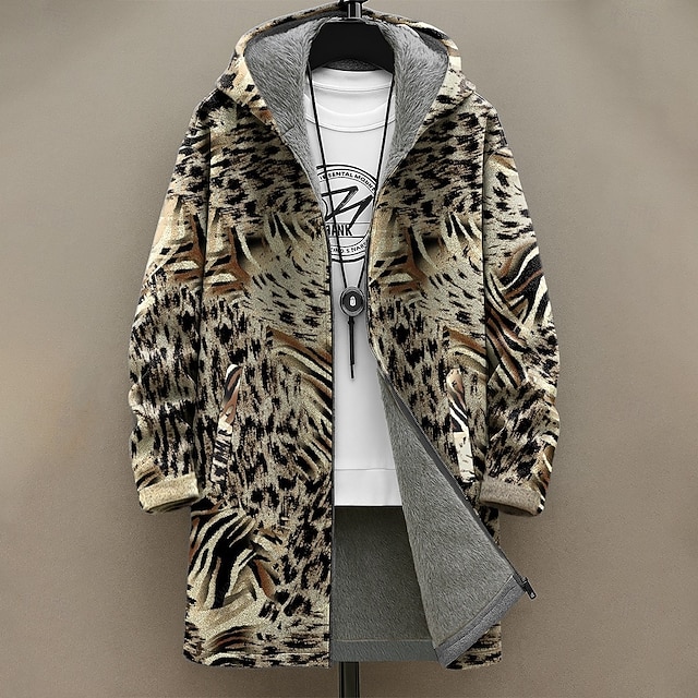  Men's Graphic Winter Coat Fleece Jacket Coat Thermal Warm Comfortable Casual Daily Wear Zipper Pocket 3D Print Fall Winter Hooded Long Sleeve Blue Brown Green