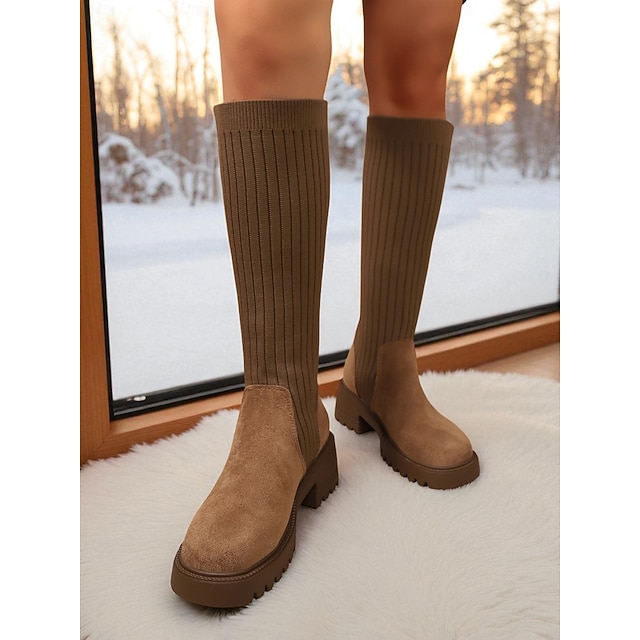  stivali alti fino al ginocchio da donna in pelle marrone con tacco spesso, maglia elasticizzata e finta pelle scamosciata per un abbigliamento casual ed elegante