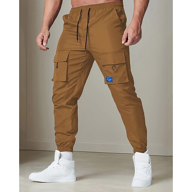 Men's Cargo Pants Joggers Trousers Drawstring Elastic Waist Multi Pocket Plain Wearable Outdoor Daily Camping & Hiking Fashion Classic Black Brown4