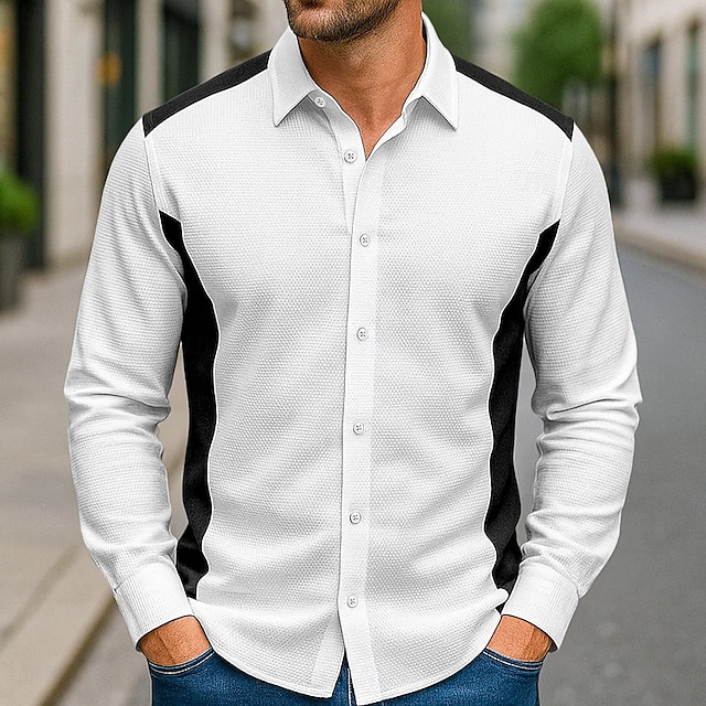  Herren Hemd Freizeithemd Knopfhemd Waffelstrickhemd Weiß Blau Orange Grün Langarm Einfarbig Revers Urlaub Halloween Patchwork Bekleidung Mode Lässig Bequem
