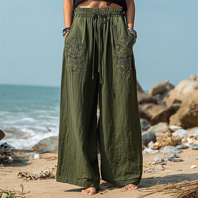 Women's Wide Leg Pants Trousers Palazzo Pants Fashion Boho Full Length High Waist Flower Drawstring Elastic Waist Print Breathability Comfortable Street Daily Wear Going out Army Green Spring Fall4