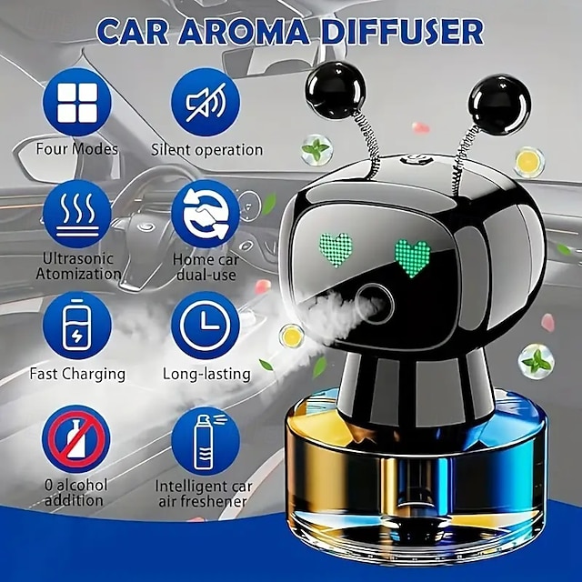  Ambientador inteligente para coche con robot, diseño de carga USB, cuatro configuraciones de intensidad de fragancia, accesorio ideal para coche y regalo perfecto.