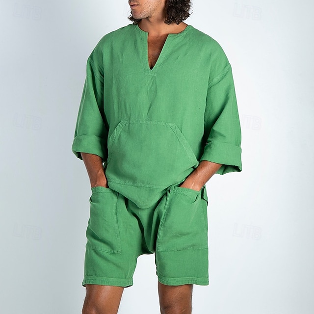  Homme Ensembles T-shirt Tenues 2 pièces Ensemble Short manche longue Col en V Été Printemps Uni Mode Occasionnel 2 pièces Poche Avant Vacances Tenue quotidienne Sortir Jaune Bleu Vert T-shirt haut de