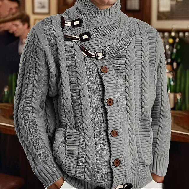 Men's Cardigan Sweater Cropped  Sweater Knit Sweater Ribbed Knit Regular Tops Pocket Buttons Plain Turtleneck Fashion Classic Vacation Daily Wear Clothing Apparel Fall Winter Black Brown M L XL4