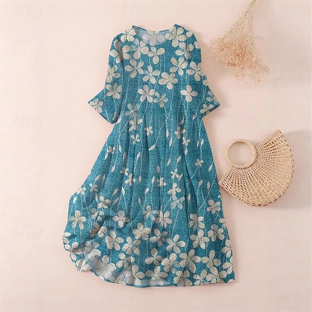 Women's Midi Dress Casual Dress Floral Dress Fashion Modern Daily Beach Weekend Regular Fit Flower 3/4 Length Sleeve Crew Neck Blue Spring Fall4