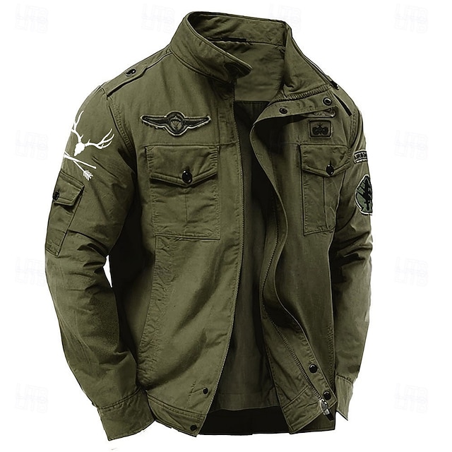  Men's Cotton Embroidered Military Jacket Windbreaker with Shoulder Straps Long Sleeve Standing Collar Multi-Pockets Trucker Jacket US Flag Print Tactical Outerwear