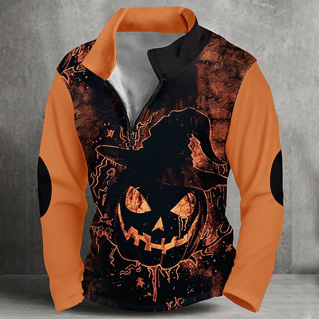 Halloween Men's Pumpkin Sweatshirt Casual Long Sleeve High Neck Party Club Orange Zipper Quarter Zip Fall Winter Designer4