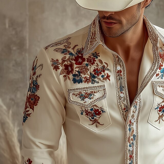 Chemise Homme Manches Longues Imprimé Floral – Coupe Droite, Style Hippie Des Années 60-70, Idéale Pour Carnaval Ou Disco