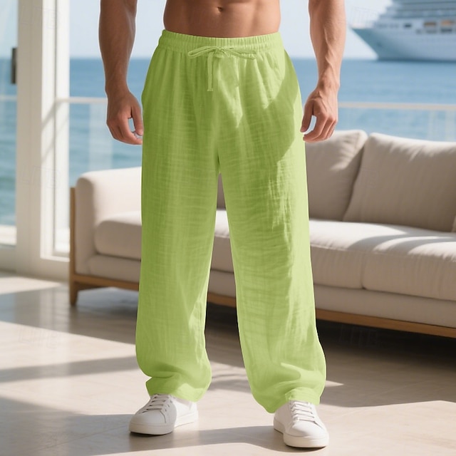  Férfi Vászon nadrág Nadrág Nyári nadrág Strand nadrág Zsinór Zseb Rugalmas derék Sima Mokaszinok Légáteresztő Vakáció Napi Szabadság Hawaii Boho Görögdinnye Piros Világos khaki