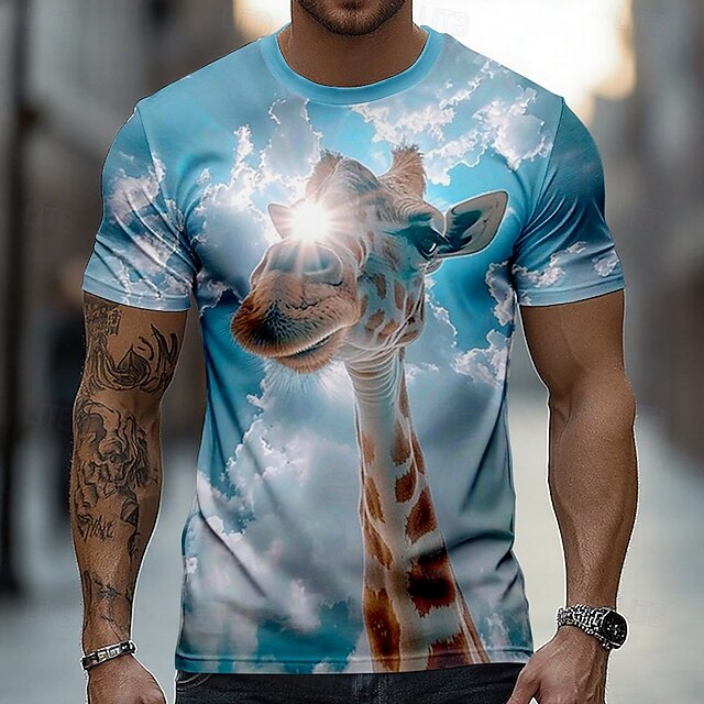 Men's Giraffe 3D Funny T Shirt Short Sleeve T shirt 3D Print Crew Neck Shirt Exaggerated Designer Party Holiday Blue Summer Spring Clothing Apparel S M L XL XXL XXXL4