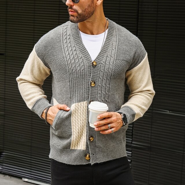 Men's Sweater Dress Sweater Cardigan Sweater Knit Sweater Ribbed Cable Knit Short Patchwork Knitted Plain V Neck Fashion Shawls Casual Daily Wear Clothing Apparel Fall Winter Light Grey M L XL4