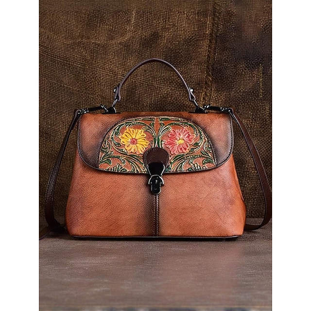  Bolso de mano vintage de piel con bordado floral para mujer: elegante bolso de hombro con diseño floral, ideal para uso diario informal y citas.