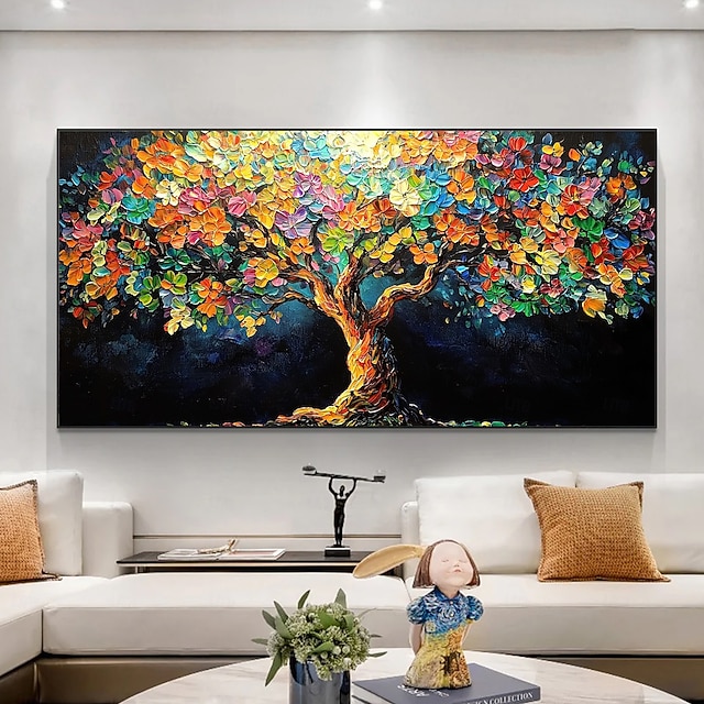  手作りのオリジナルのカラフルな咲く木の油絵、キャンバスの壁、抽象的な生命の木の絵画、家の装飾用、枠張り付き/内枠なしの絵画