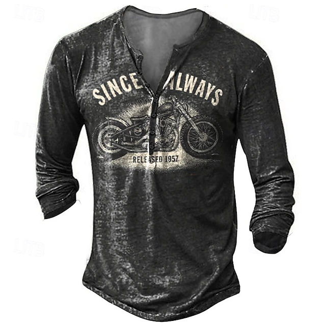 Men's Vintage Motorcycle Long Sleeve Henley Tee - 'Since Always Released 1957' Graphic Print, Distressed Casual Top2
