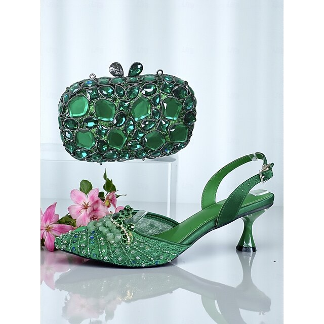 Conjunto de sapatos de salto alto verde com strass e bolsa clutch feminina - elegantes scarpins slingback e bolsa para coquetéis e ocasiões formais