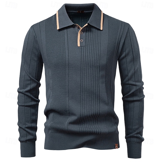  Herre Pullover genser Strikke Vanlige topper Fargeblokk Knapper Helfarge Polokrage Årgang Daglig Skole Hjem Klær Vår Høst Blå Brun S M L