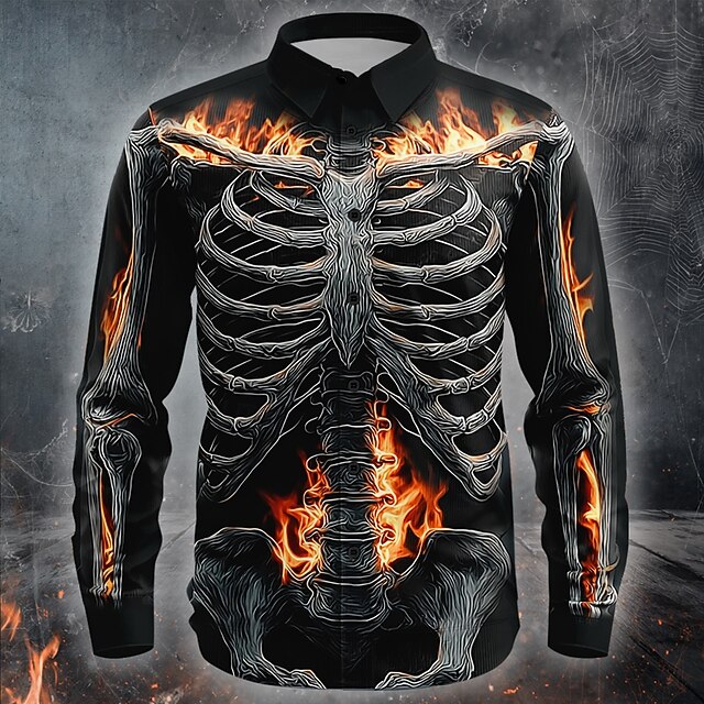 Halloween Men's Flame Skeleton Halloween Costumes Shirt Button Up Shirt Long Sleeve Dark Punk Gothic Style Outdoor Holiday Summer Spring Turndown 3D Print Collared Shirts Black4
