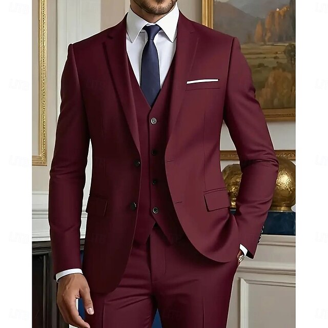 Men's Business Casual Wedding Suits Notch Lapel Burgundy Formal Solid Colored Slim Fit 3 Piece Single Breasted Two-buttons2