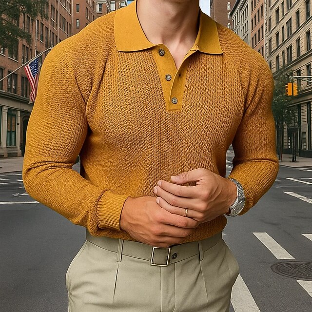 Men's Polo Shirts Rib Knit Top Business Casual Ribbed Polo Collar Long Sleeve Fashion Basic Solid Color Textured Knitting Fall Winter Regular Fit Yellow Polo Shirts4