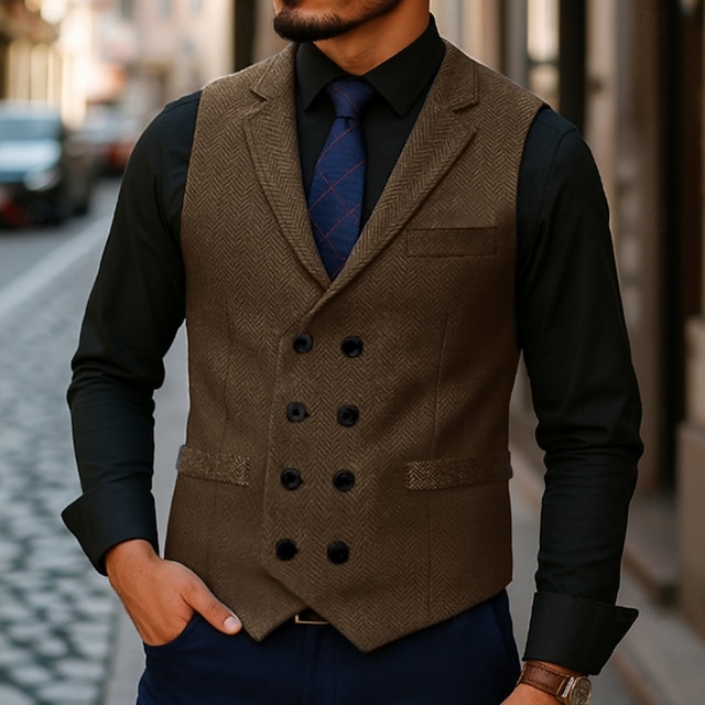  Herre سترة Veste Feriereise Daglig Bryllupsfest Stevnemøte Årgang Mote Vår Høst Lomme Knapper Polyester Tweed Bekvem عادي Fiskebein Dobbeltkneppet Hakkjakkeslag Normal Burgunder kaffe Grå Vest