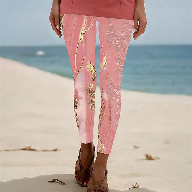 Women's Pants Trousers Leggings Cozy Leggings Streetwear Casual Full Length High Waist Patterned Elastic Waist Print Breathability Comfortable Stretchy Vacation Street Daily Wear Pink Summer Spring4