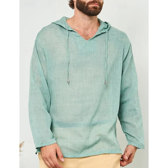  Per uomo Camicia Camicia di lino Camicia popover Camicia Estiva Abbigliamento da spiaggia Camicia con cappuccio Tinta unica Vacanza Streetwear Bianco Verde chiaro Blu Verde Manica Lunga Con Cappuccio