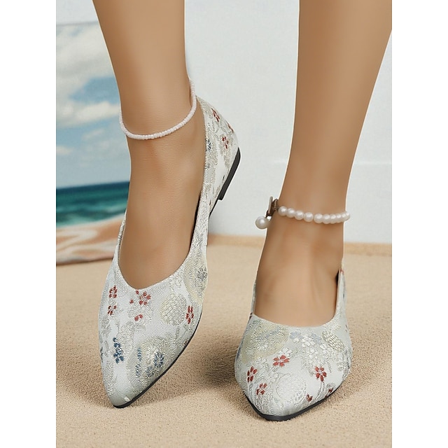  Pantofi de damă cu vârful ascuțit, din satin, cu broderie florală - pantofi eleganți de inspirație vintage, pentru ținute casual și petreceri cu ceai