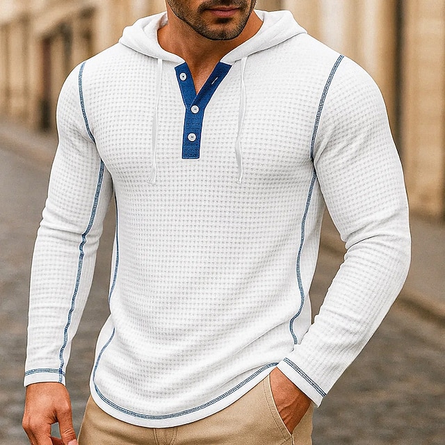  Herren Kapuzenpullover mit Waffelmuster T Shirt Waffel-Henley-Hemd Henley Hemd Langarm Mit Kapuze Henley Frühling Frühling & Herbst Einfach Mode Designer Basic Patchwork Mit Kapuze Urlaub Straße