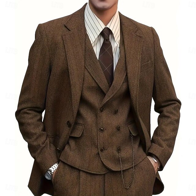 Men's Wedding Casual Business Suits Notch Lapel Brown Daily Solid Colored Tailored Fit 3 Piece Single Breasted Two-buttons2