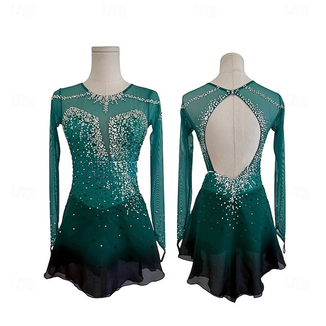  Robe de patinage artistique Femmes Fille Patinage Robe Vert forêt Patchwork Trou de pouce Maille Spandex Haute Élasticité Entraînement Compétition Tenue de Patinage Classique cristal pailleté manche