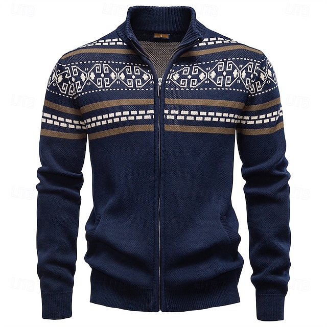  Męskie Sweter Rozpinany Sweter Fair Isle Robić na drutach Zwykłe topy Zapiąć na zamek błyskawiczny Geometryczny Golf Święta Sweter rozpinany Urlop Codzienny Odzież Wiosna Jesień Granatowy Khaki S M L