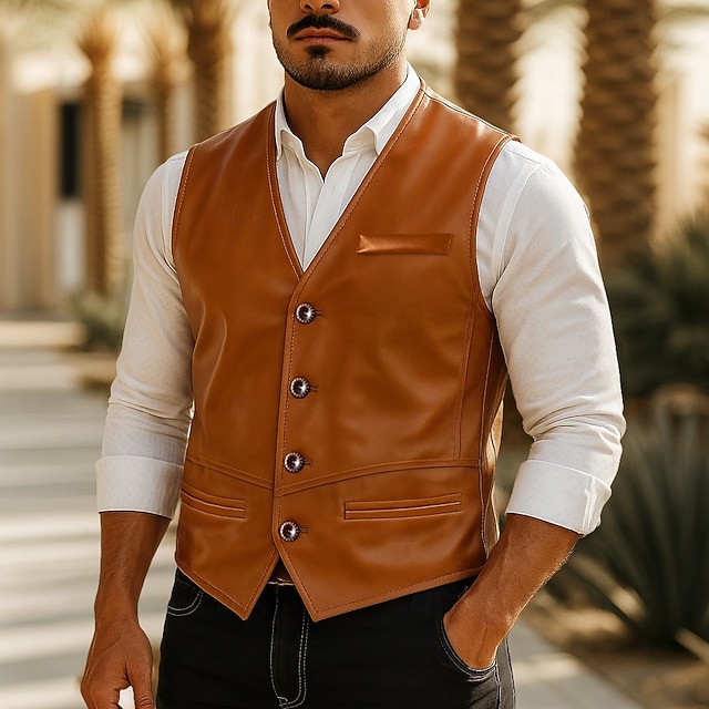  Herre سترة Veste Vest i kunstskinn Avslappet Daglig vestlig stil Vår Høst Lomme Knapper Polyester PU Lær Bekvem عادي Fiskebein Enkeltkneppet V-hals Slank Fasong Svart Brun Vest