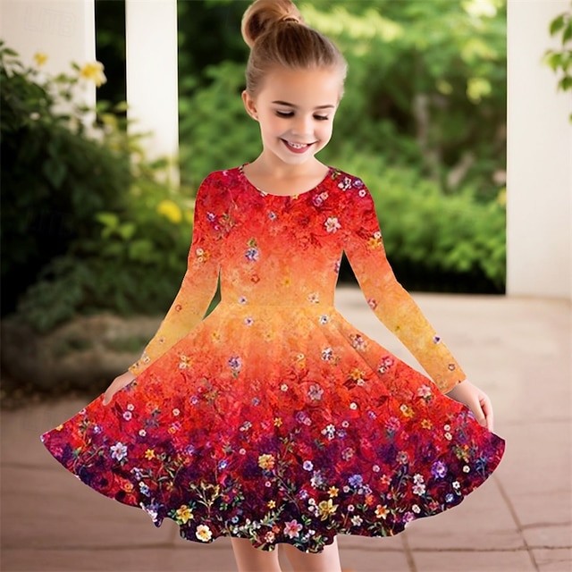  Flickor 3D Blomma Klänning Långärmad Sommar Vår Semester Dagligen Helgdag Prinsessa Skön Ljuv Barn 4-12 år Vardagsklänning A linjeklänning Knälång Normal