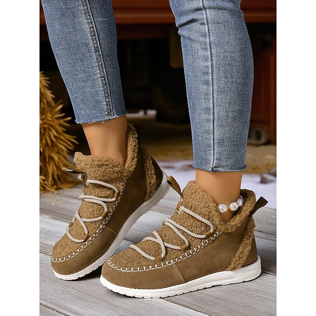  Botas de inverno femininas de camurça sintética marrom com forro de lã – sapatos quentes com cadarço, calçados casuais para atividades ao ar livre e viagens