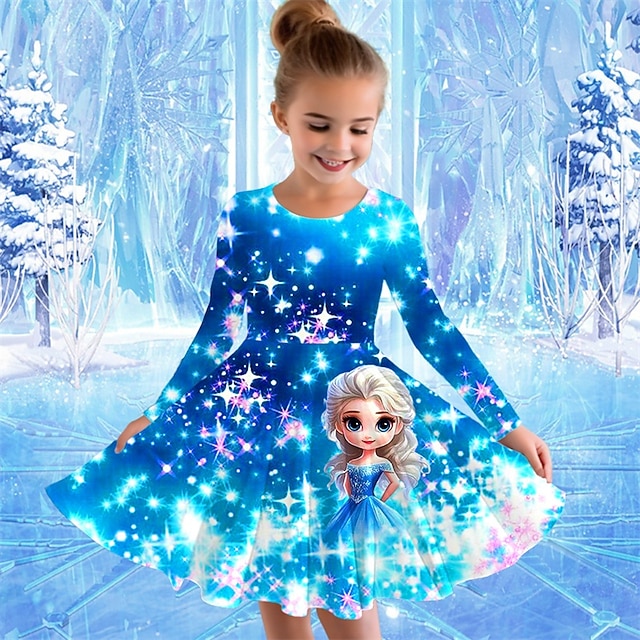  Tyttöjen 3D Piirretty Mekko Pitkähihainen Kesä Kevät Loma Päivittäin Pyhäpäivä Prinsessa Kaunis Makea Lapset 4-12 vuotta Rento mekko A linjainen mekko Polvipituinen Normaali
